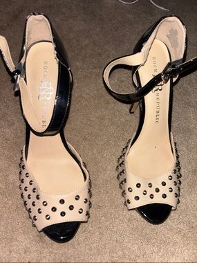 Rock & Republic Nude and Black Studded Ankle-Strap Heels